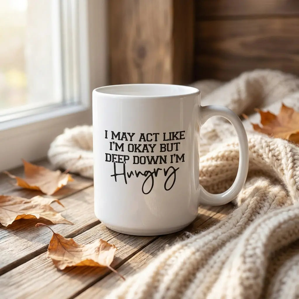 I May Act Like I'm Ok But Deep Mug - lifestyle photo on wooden table with autumn leaves