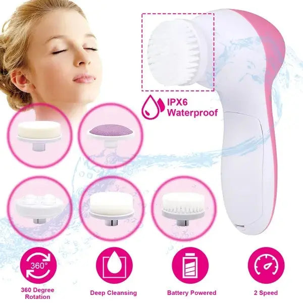 Waterproof Facial Cleansing Brush Face Spin Cleaning Brush Scrubber With 5 Brush Heads For Women - Real Deal