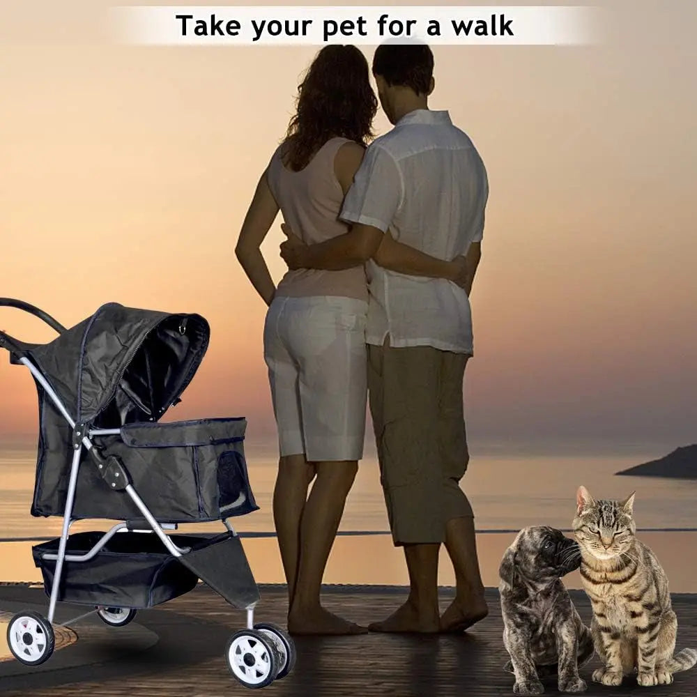 3-Wheel Pet Stroller, Lightweight Foldable Dog Stroller for Small Medium Dogs & Cats, Breathable Mesh & Weather Cover with Storage Basket, for Daily Walk Outdoor Travel (Black) - Real Deal