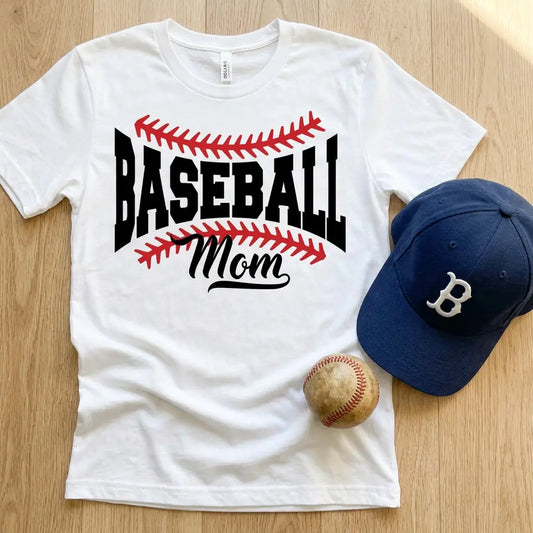 Baseball Mom graphic tee - flat lay lifestyle photo with baseball and cap