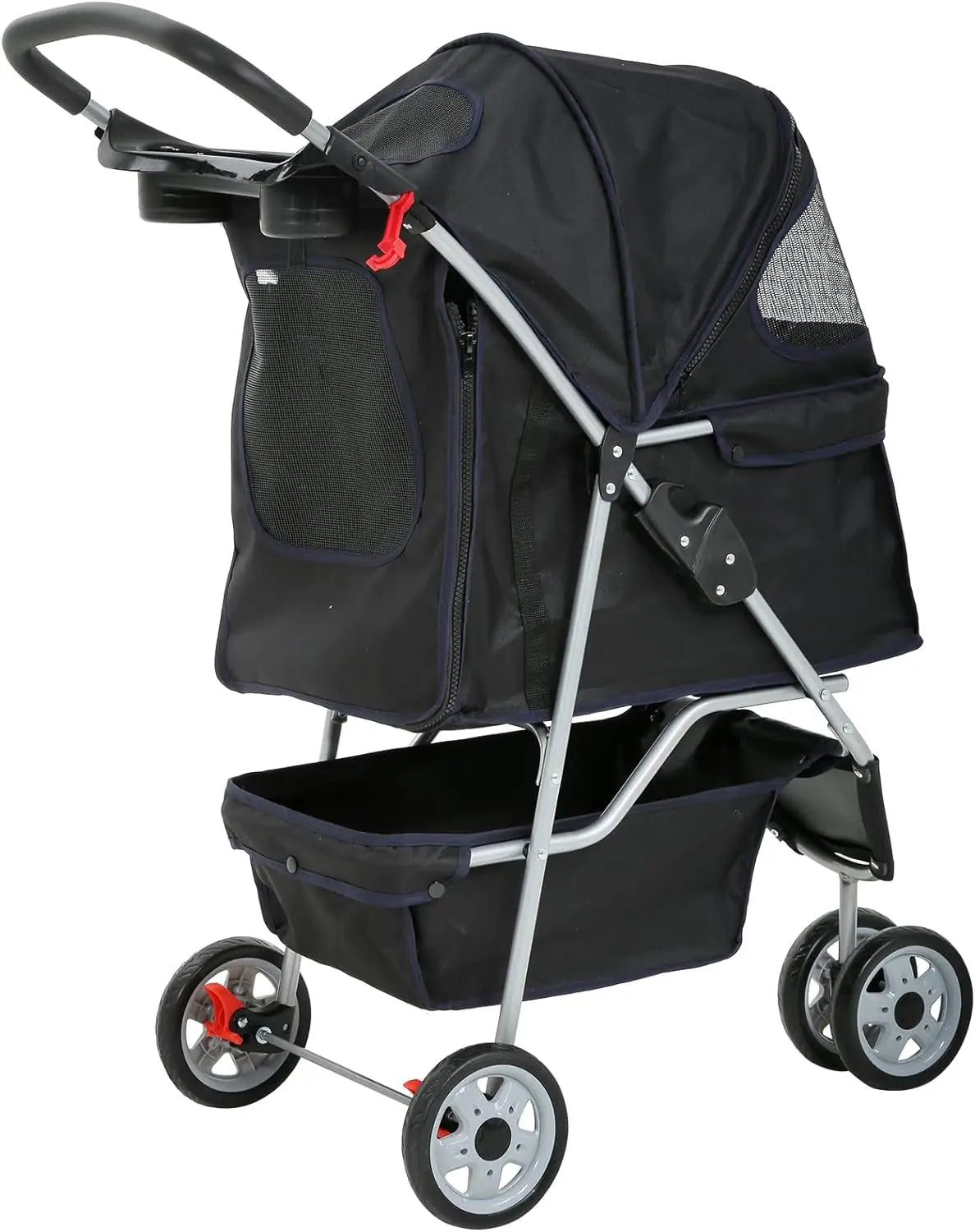 3-Wheel Pet Stroller, Lightweight Foldable Dog Stroller for Small Medium Dogs & Cats, Breathable Mesh & Weather Cover with Storage Basket, for Daily Walk Outdoor Travel (Black) - Real Deal