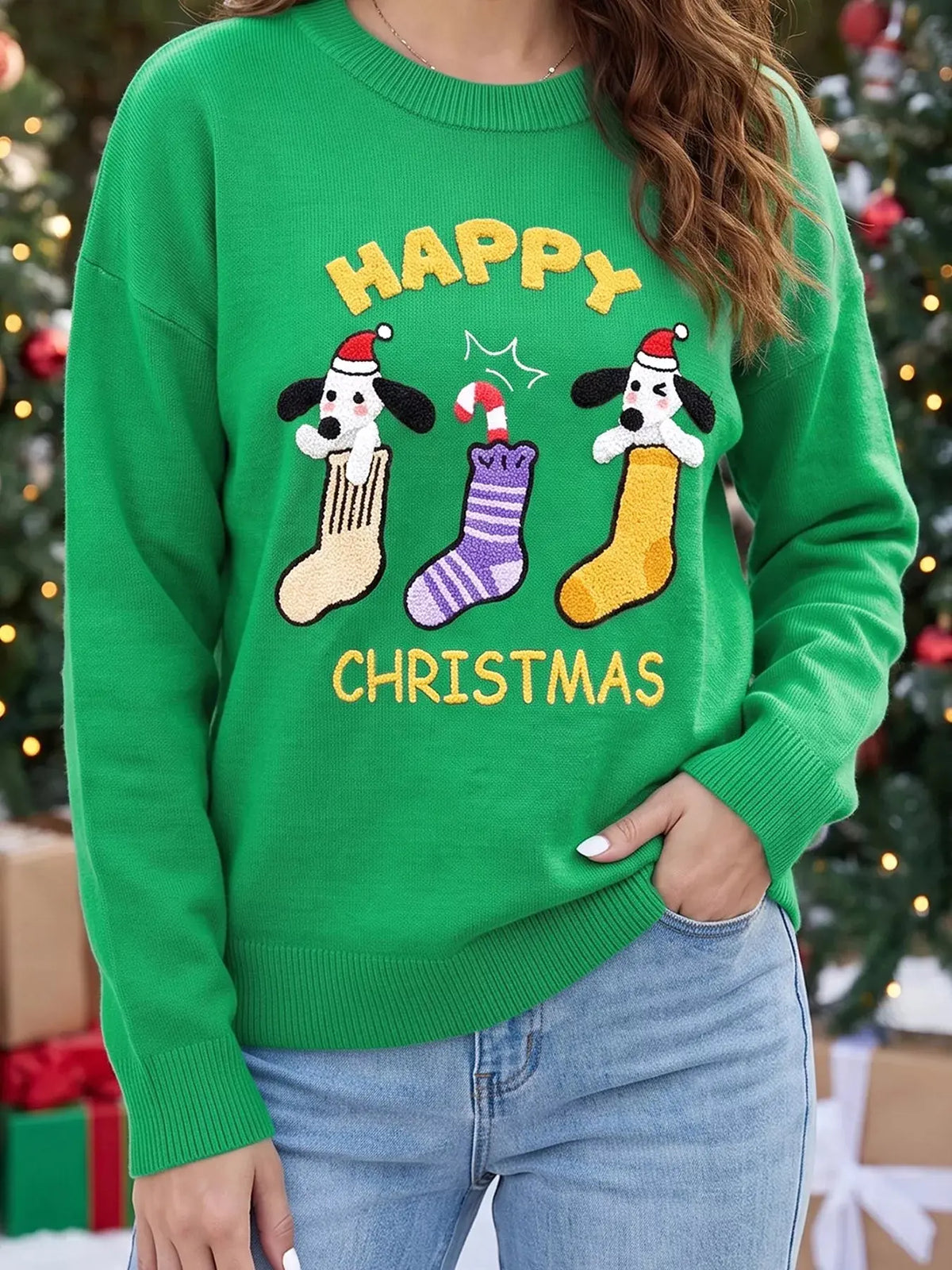 Abstract Patch Embroidery Christmas Pullover Sweater - Real Deal