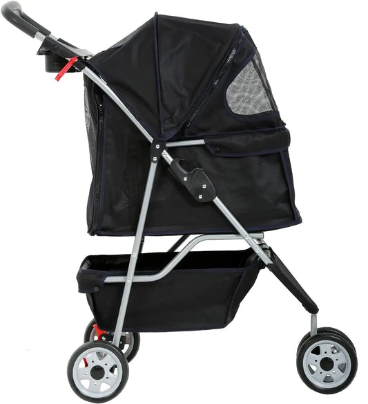 3-Wheel Pet Stroller, Lightweight Foldable Dog Stroller for Small Medium Dogs & Cats, Breathable Mesh & Weather Cover with Storage Basket, for Daily Walk Outdoor Travel (Black) - Real Deal