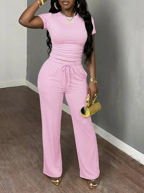 Casual Short Sleeve Top and Wide Leg Pants Set