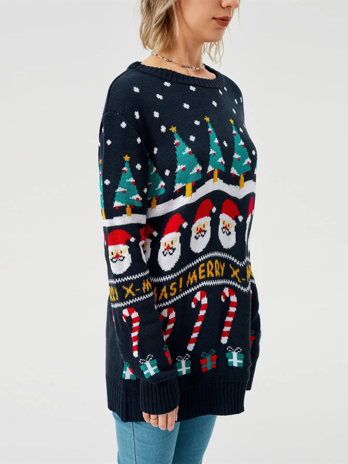 Reindeer and Snowflake Christmas Pullover Sweater, styled