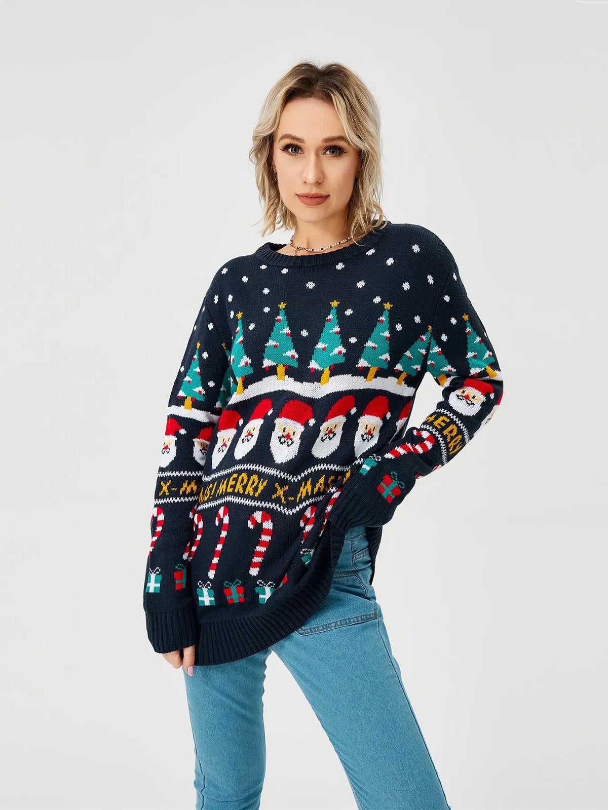 Reindeer and Snowflake Christmas Pullover Sweater, front view