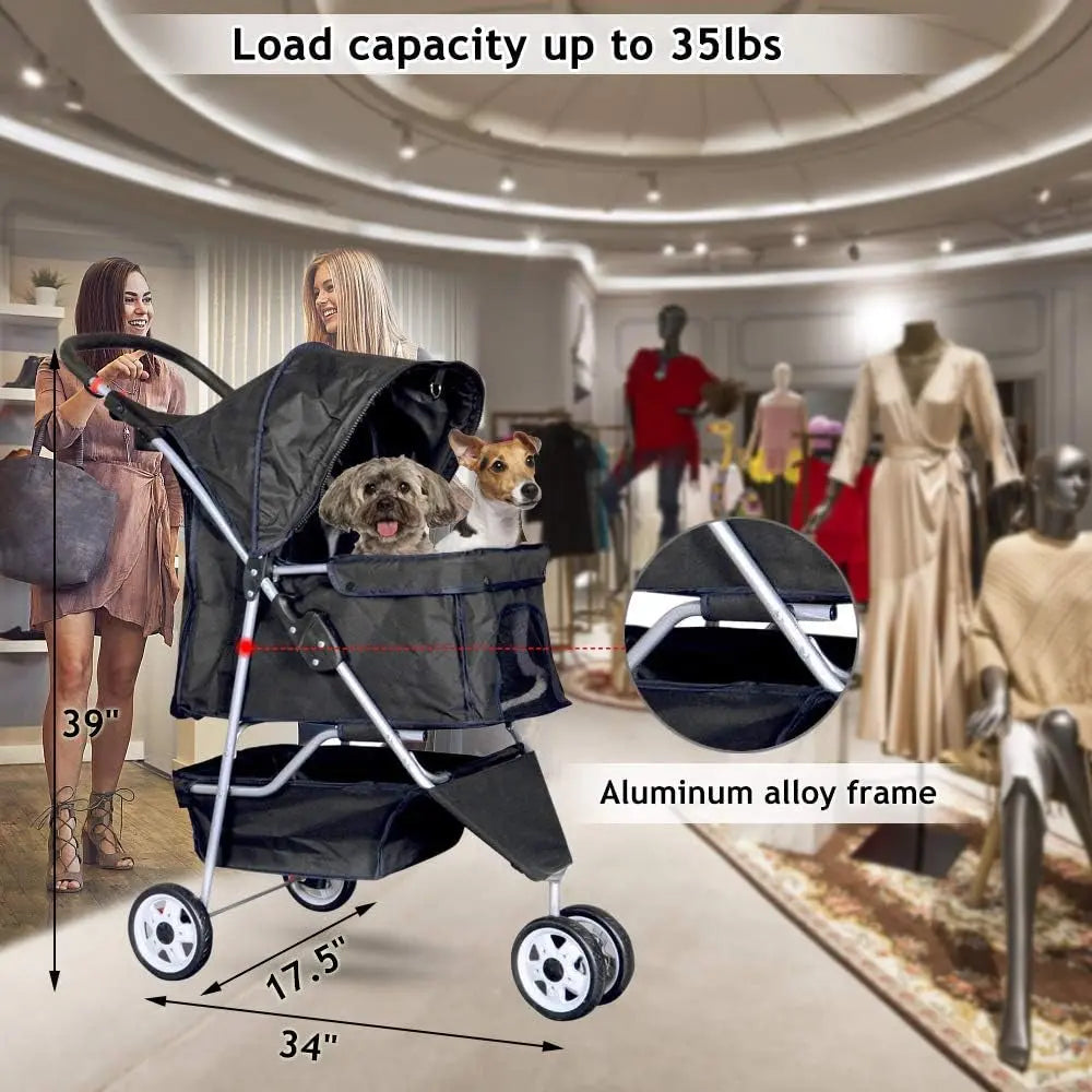 3-Wheel Pet Stroller, Lightweight Foldable Dog Stroller for Small Medium Dogs & Cats, Breathable Mesh & Weather Cover with Storage Basket, for Daily Walk Outdoor Travel (Black) - Real Deal