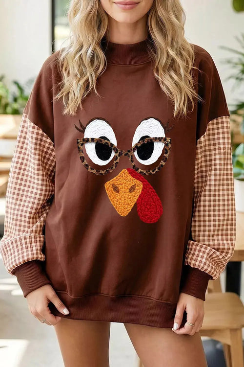 Thanksgiving Turkey Plaid Sleeve Pullover Sweatshirt