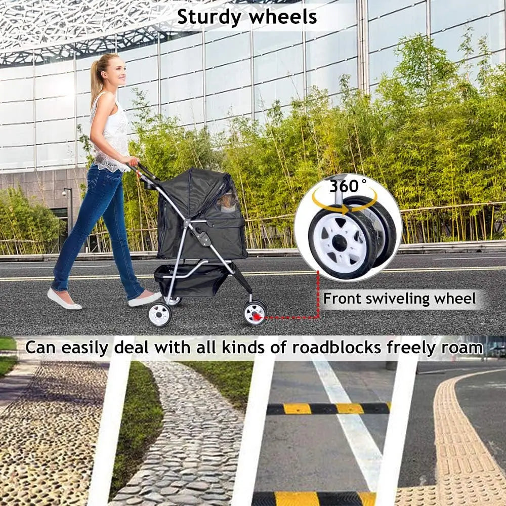 3-Wheel Pet Stroller, Lightweight Foldable Dog Stroller for Small Medium Dogs & Cats, Breathable Mesh & Weather Cover with Storage Basket, for Daily Walk Outdoor Travel (Black) - Real Deal