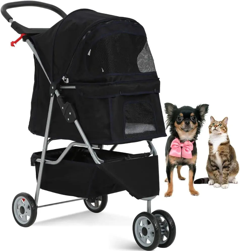 3-Wheel Pet Stroller, Lightweight Foldable Dog Stroller for Small Medium Dogs & Cats, Breathable Mesh & Weather Cover with Storage Basket, for Daily Walk Outdoor Travel (Black) - Real Deal