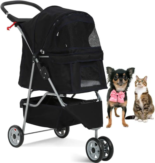 3-Wheel Pet Stroller, Lightweight Foldable Dog Stroller for Small Medium Dogs & Cats, Breathable Mesh & Weather Cover with Storage Basket, for Daily Walk Outdoor Travel (Black) - Real Deal