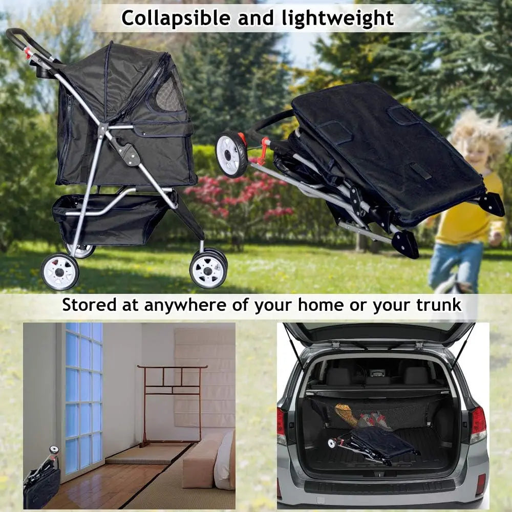 3-Wheel Pet Stroller, Lightweight Foldable Dog Stroller for Small Medium Dogs & Cats, Breathable Mesh & Weather Cover with Storage Basket, for Daily Walk Outdoor Travel (Black) - Real Deal
