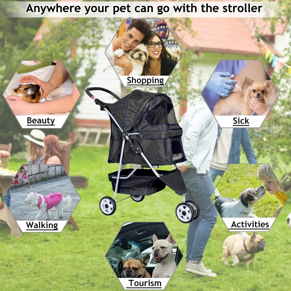 3-Wheel Pet Stroller, Lightweight Foldable Dog Stroller for Small Medium Dogs & Cats, Breathable Mesh & Weather Cover with Storage Basket, for Daily Walk Outdoor Travel (Black) - Real Deal