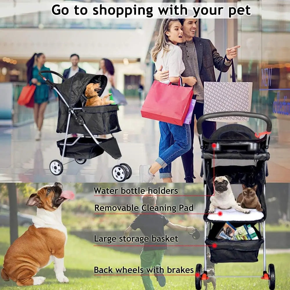 3-Wheel Pet Stroller, Lightweight Foldable Dog Stroller for Small Medium Dogs & Cats, Breathable Mesh & Weather Cover with Storage Basket, for Daily Walk Outdoor Travel (Black) - Real Deal