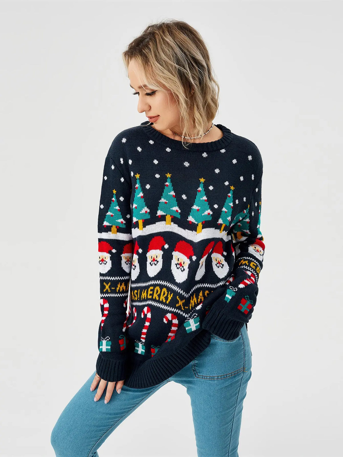 Reindeer and Snowflake Christmas Pullover Sweater, collar
